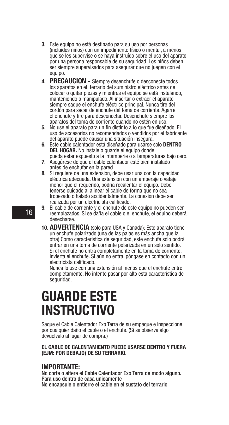 Guarde este instructivo | Exo Terra Heat Cable User Manual | Page 16 / 28