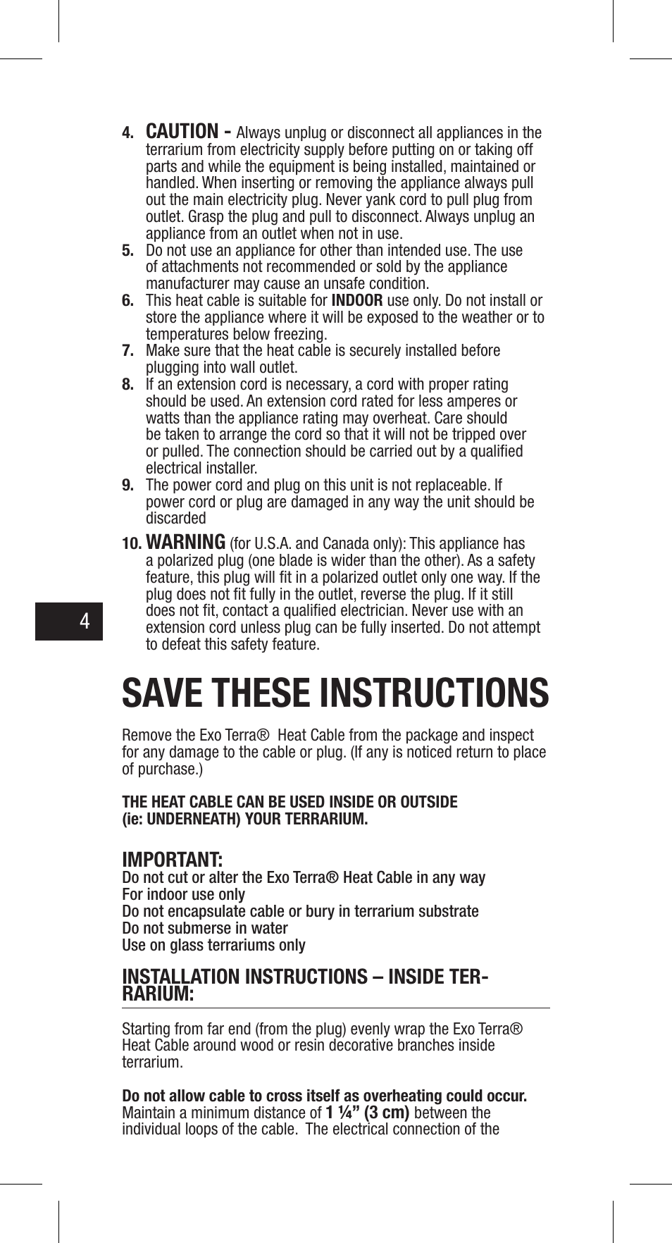 Save these instructions | Exo Terra Heat Cable User Manual | Page 4 / 28