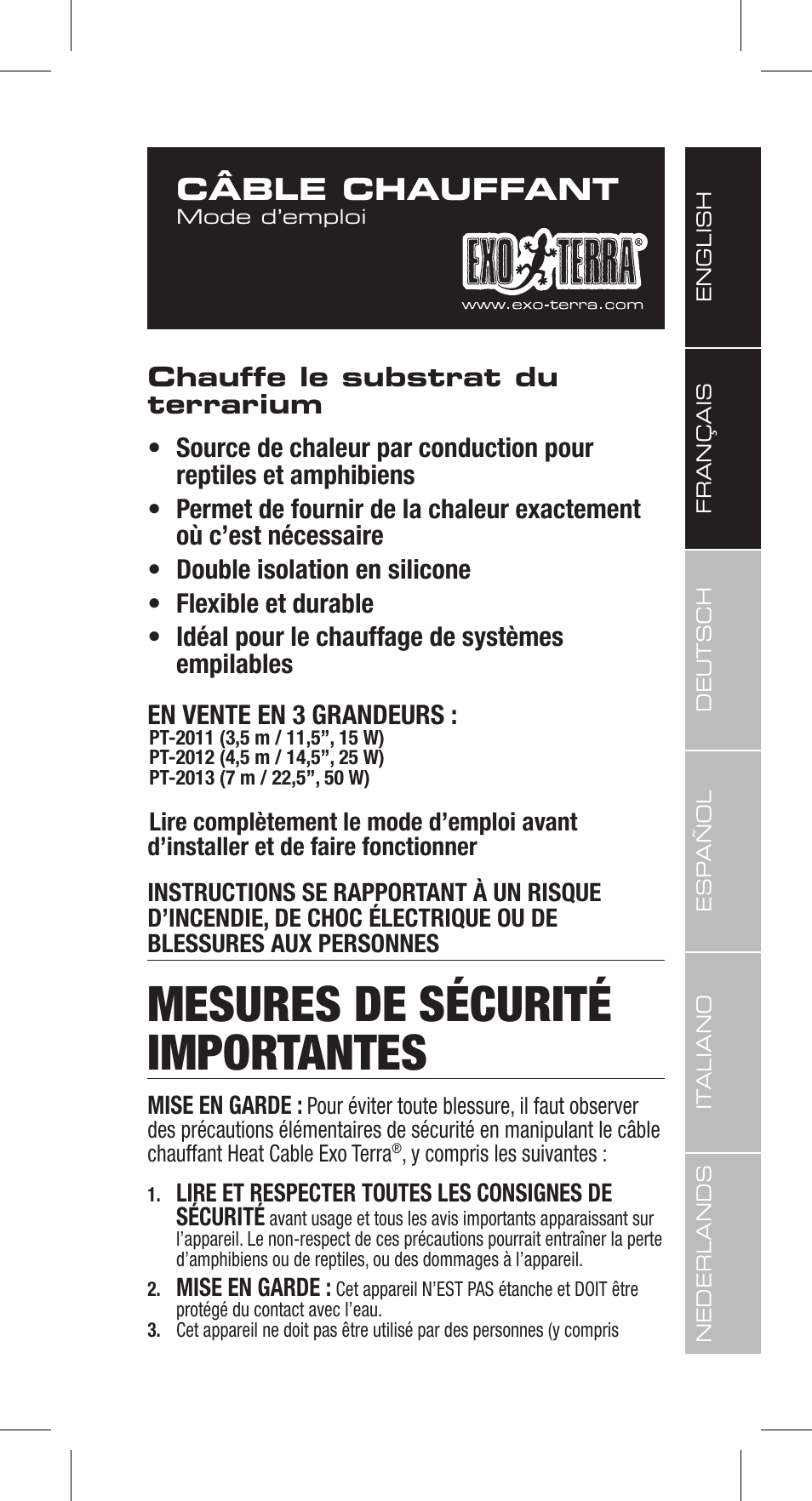 Mesures de sécurité importantes, Câble chauffant | Exo Terra Heat Cable User Manual | Page 7 / 28
