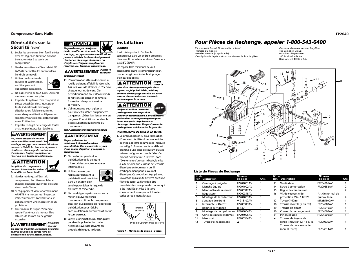 Attention, Danger | Campbell Hausfeld FP2040 User Manual | Page 10 / 24