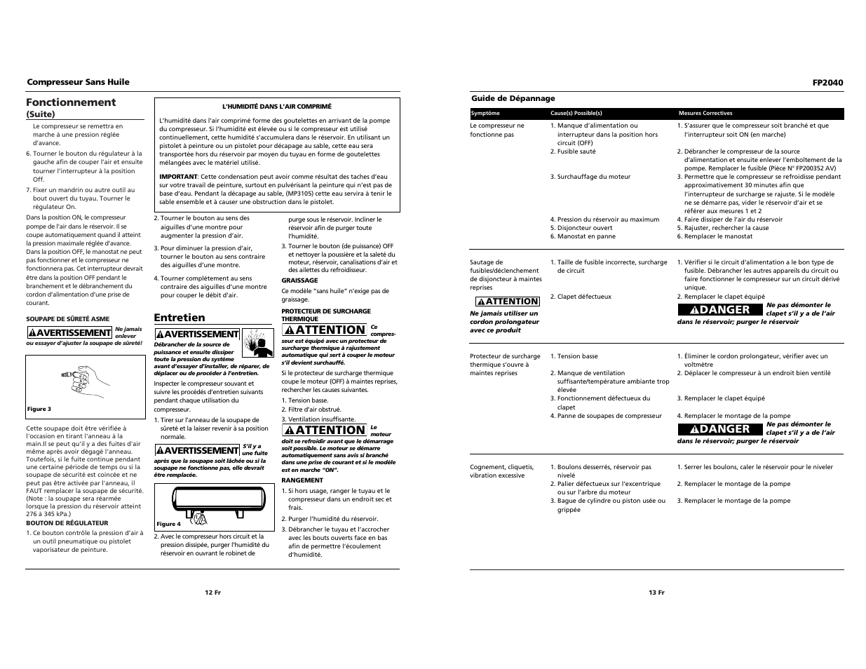 Attention, Danger, Fonctionnement | Entretien | Campbell Hausfeld FP2040 User Manual | Page 12 / 24