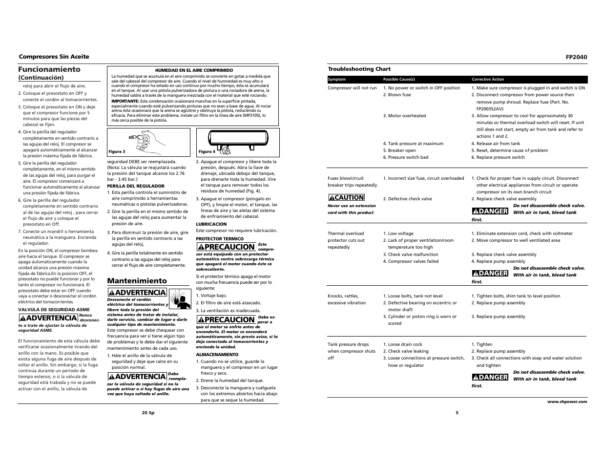 Precaucion, Funcionamiento, Advertencia | Mantenimiento | Campbell Hausfeld FP2040 User Manual | Page 20 / 24