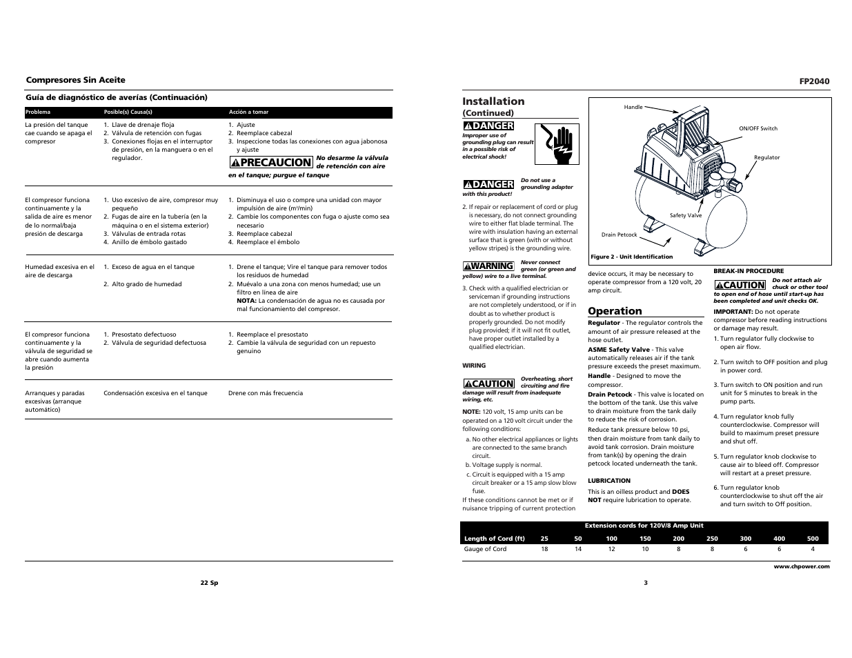 Precaucion, Installation, Operation | Campbell Hausfeld FP2040 User Manual | Page 22 / 24