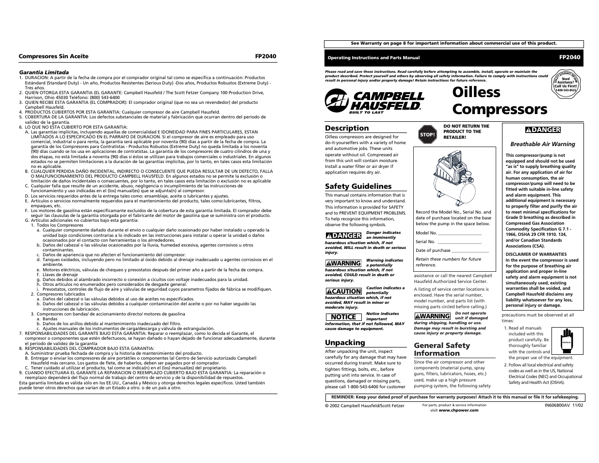 Oilless compressors, General safety information, Description | Safety guidelines, Unpacking, Notice | Campbell Hausfeld FP2040 User Manual | Page 24 / 24