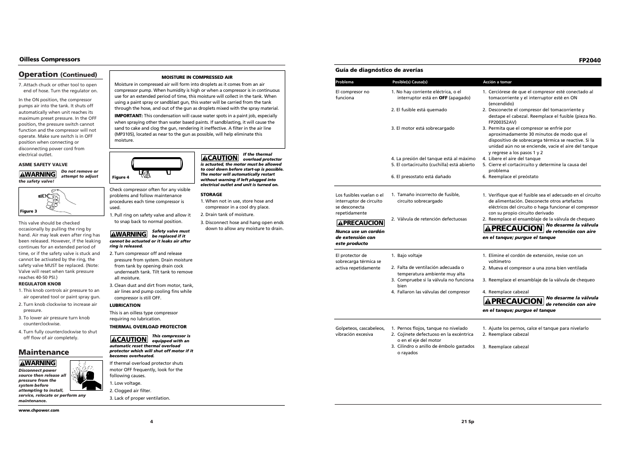 Precaucion, Operation, Maintenance | Campbell Hausfeld FP2040 User Manual | Page 4 / 24