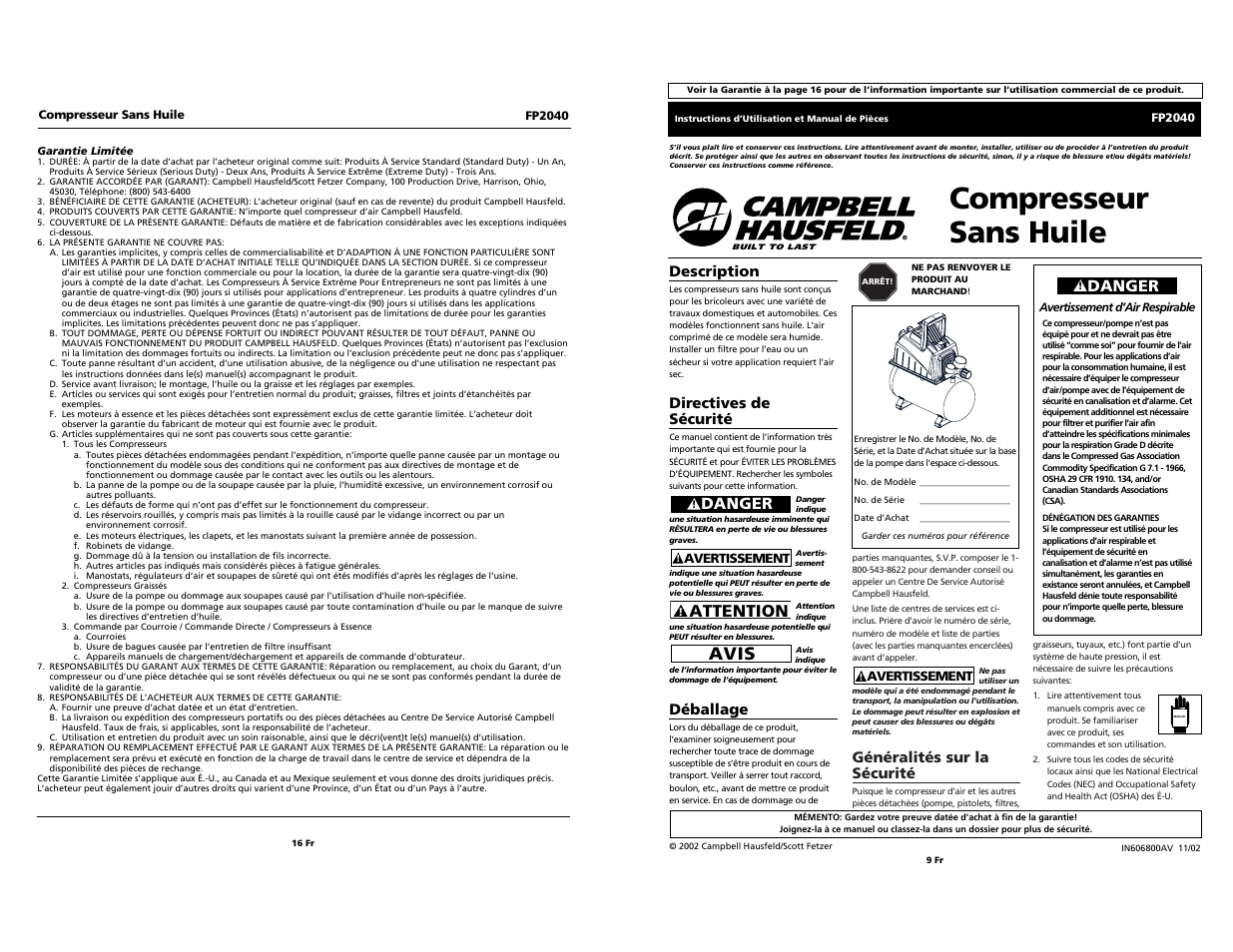 Compresseur sans huile, Avis, Attention | Danger, Généralités sur la sécurité, Description, Directives de sécurité, Déballage | Campbell Hausfeld FP2040 User Manual | Page 9 / 24