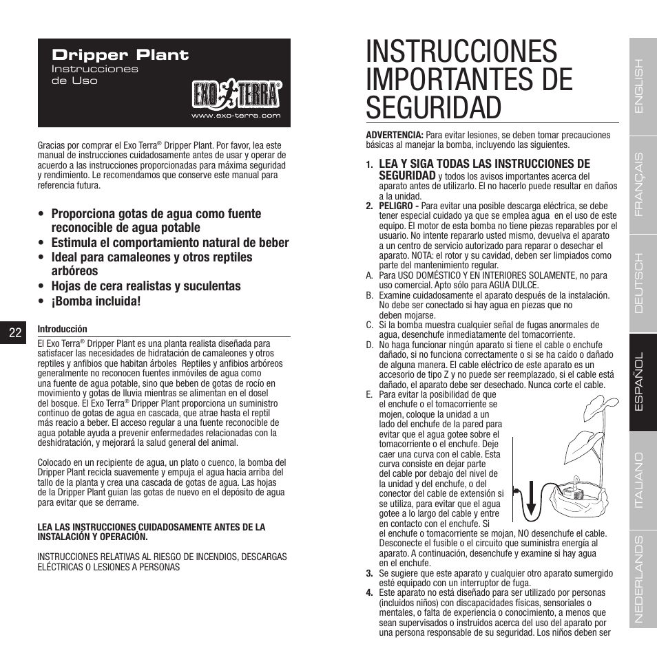 Instrucciones importantes de seguridad, Dripper plant | Exo Terra Dripper Plant / Drip Watering System User Manual | Page 12 / 21