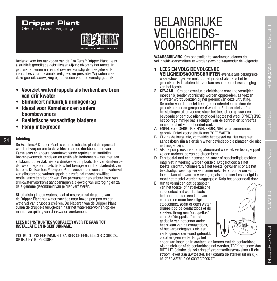 Belangrijke veiligheids- voorschriften, Dripper plant | Exo Terra Dripper Plant / Drip Watering System User Manual | Page 18 / 21