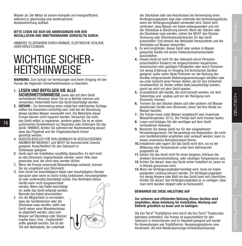 Wichtige sicher- heitshinweise, Lesen und befolgen sie alle sicherheitshinweise | Exo Terra Dripper Plant / Drip Watering System User Manual | Page 9 / 21