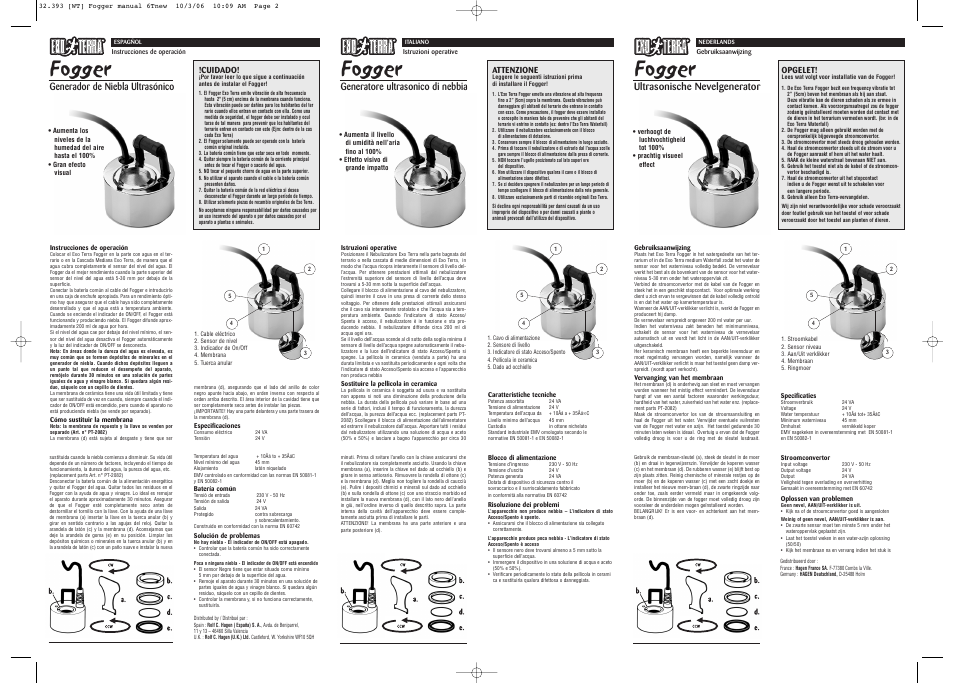Fogger, Generador de niebla ultrasónico, Generatore ultrasonico di nebbia | Ultrasonische nevelgenerator | Exo Terra Fogger User Manual | Page 2 / 2
