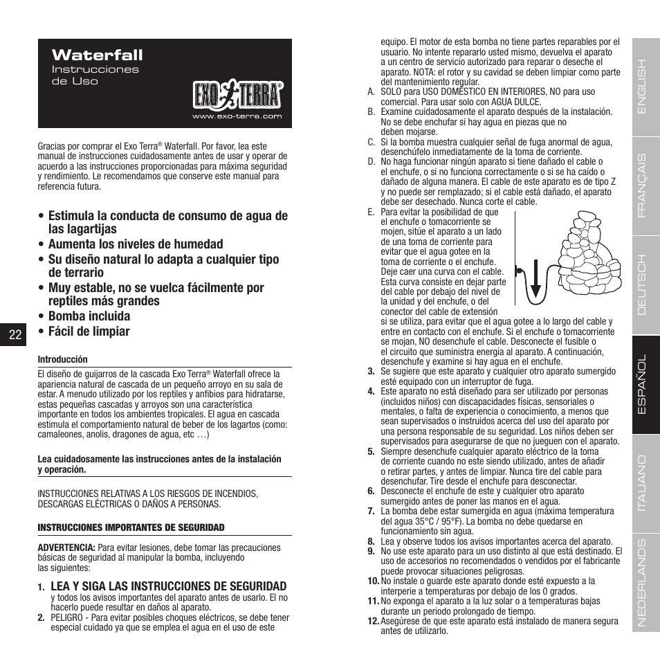 Waterfall, Lea y siga las instrucciones de seguridad | Exo Terra Waterfall User Manual | Page 12 / 21