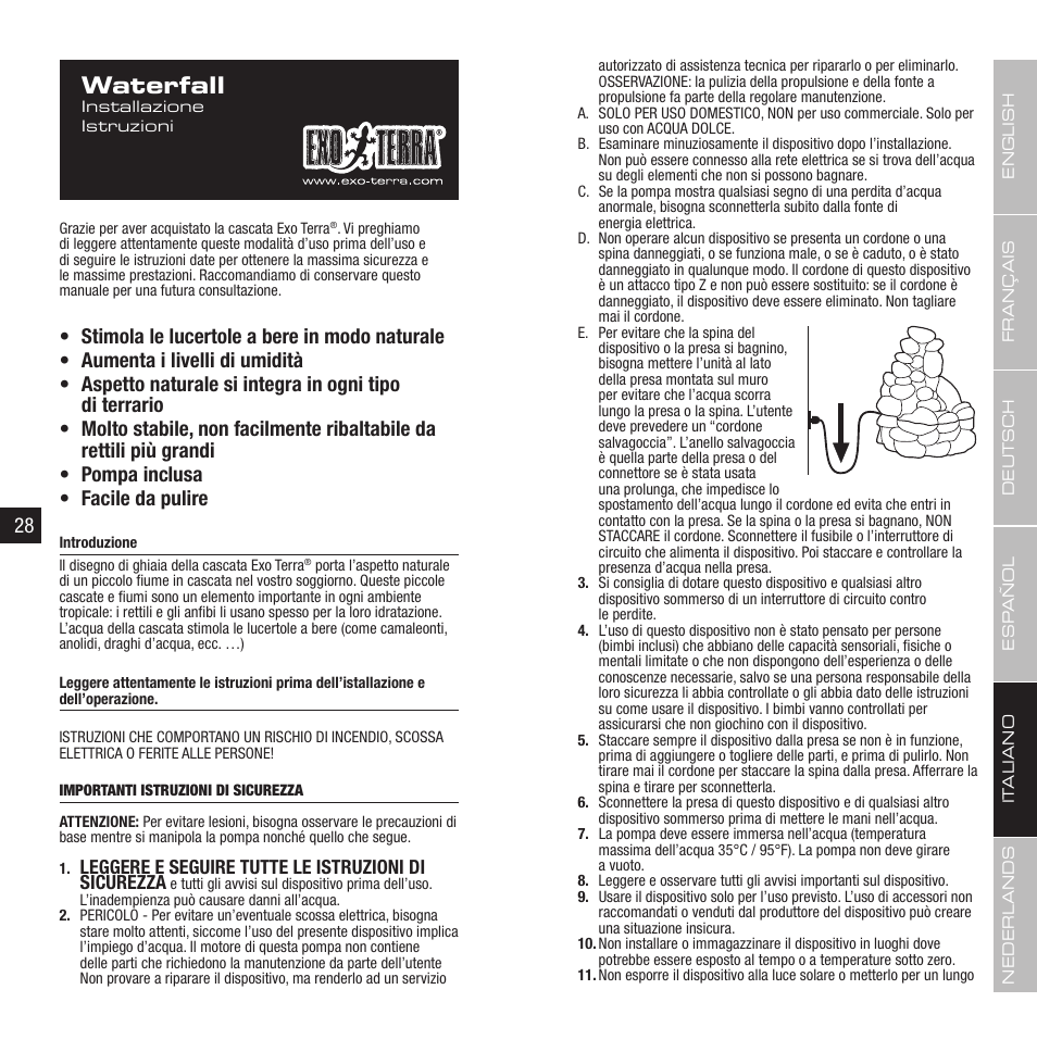 Waterfall, Leggere e seguire tutte le istruzioni di sicurezza | Exo Terra Waterfall User Manual | Page 15 / 21