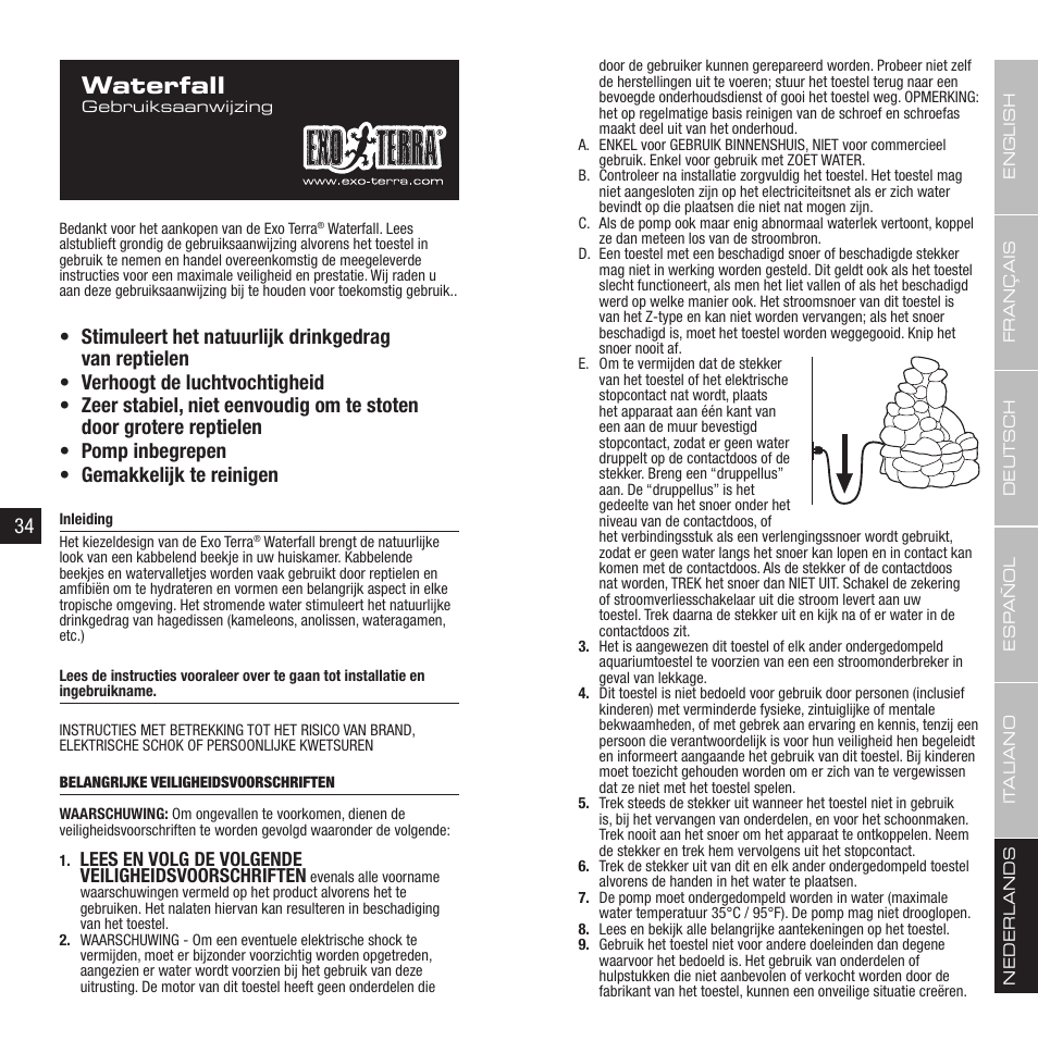 Waterfall, Lees en volg de volgende veiligheidsvoorschriften | Exo Terra Waterfall User Manual | Page 18 / 21