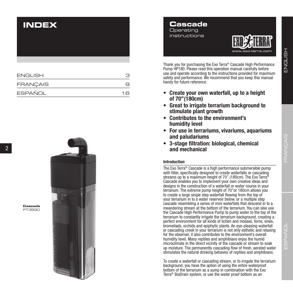 Index, Cascade | Exo Terra Cascade User Manual | Page 2 / 13