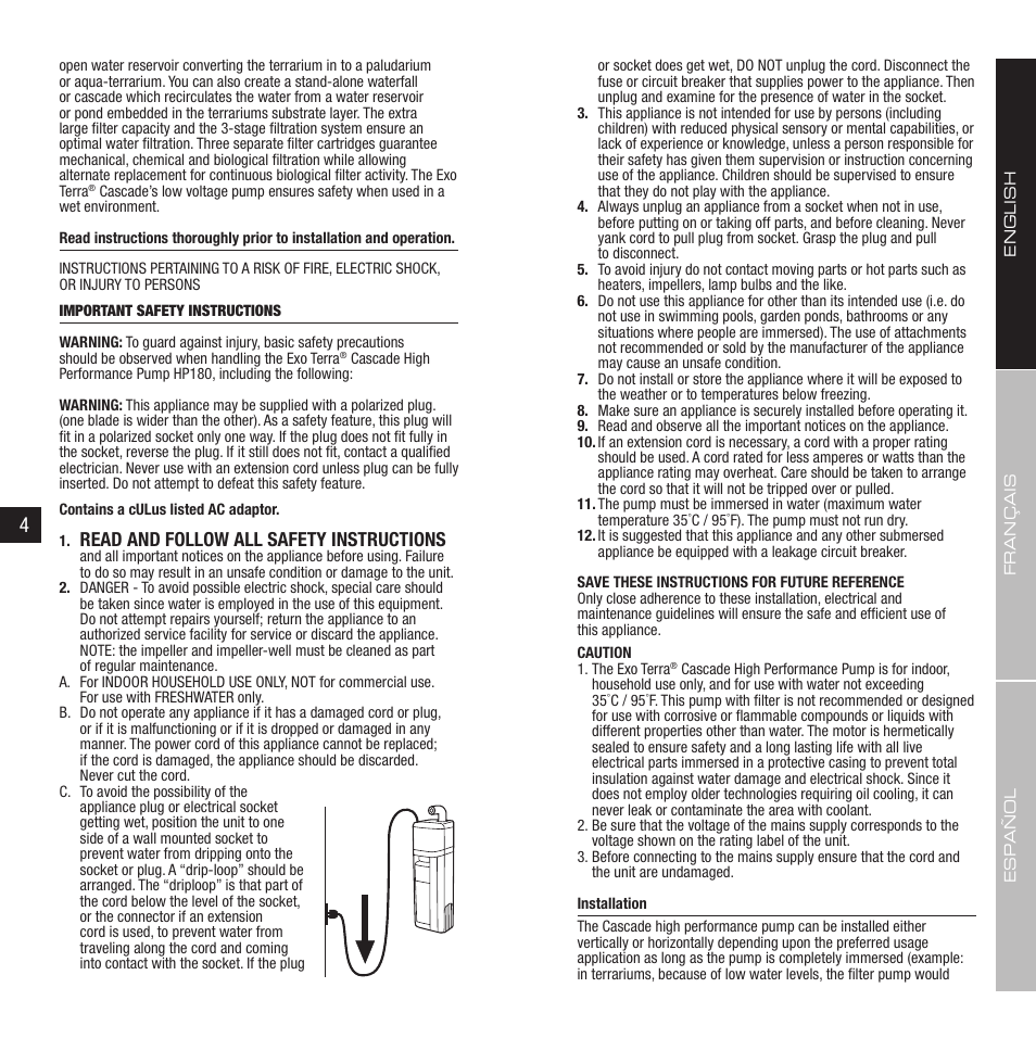 Read and follow all safety instructions | Exo Terra Cascade User Manual | Page 3 / 13