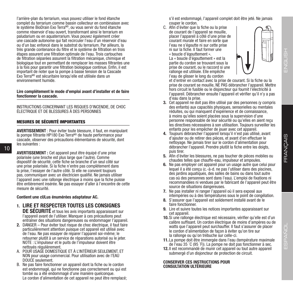 Lire et respecter toutes les consignes de sécurité | Exo Terra Cascade User Manual | Page 6 / 13