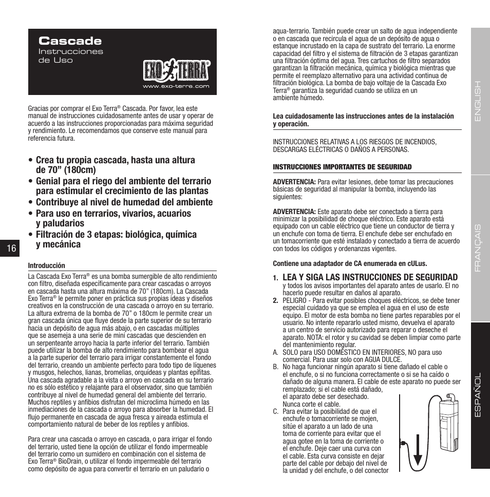 Cascade, Lea y siga las instrucciones de seguridad | Exo Terra Cascade User Manual | Page 9 / 13