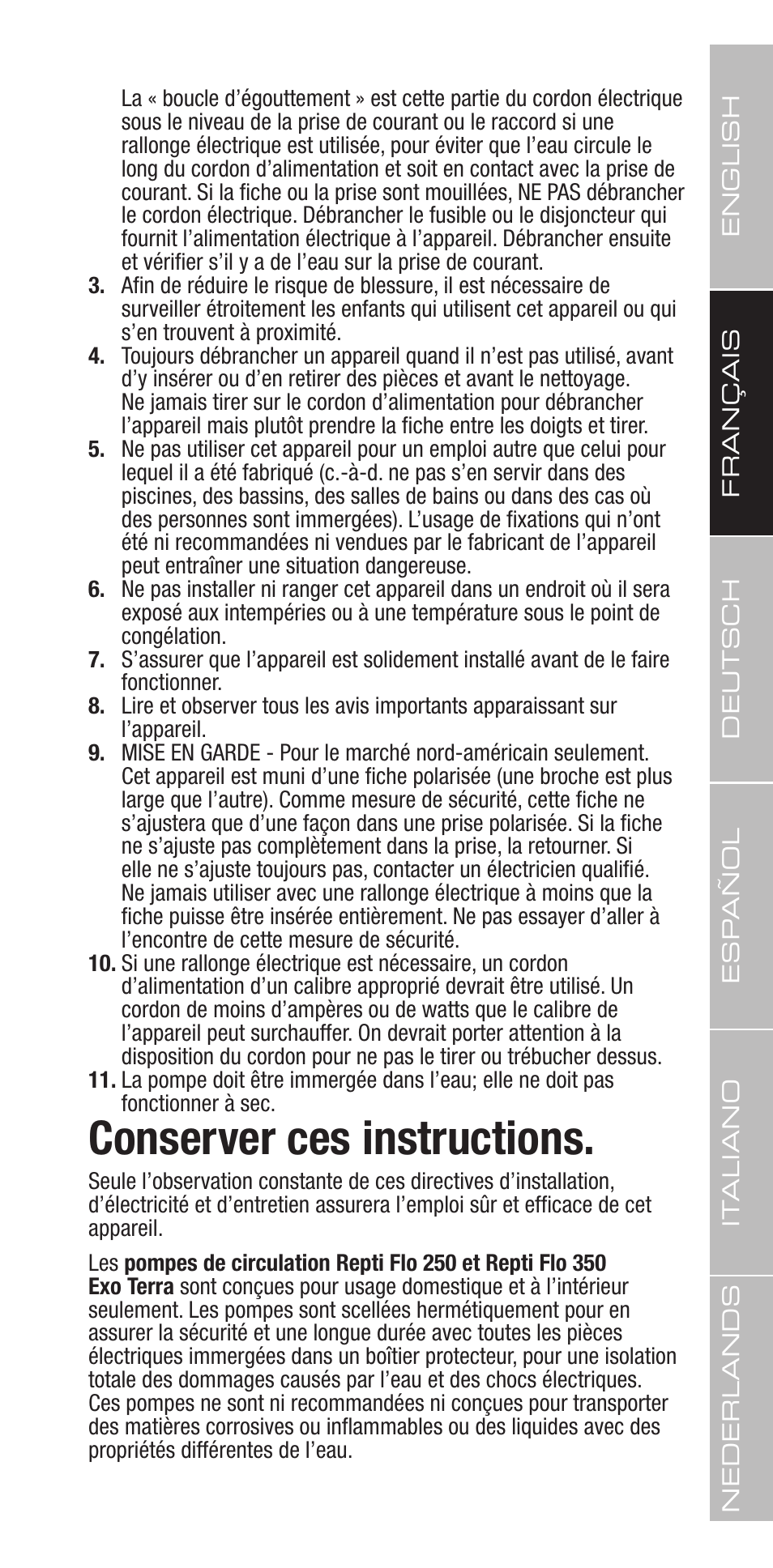 Conserver ces instructions | Exo Terra Repti Flo 250 User Manual | Page 9 / 32