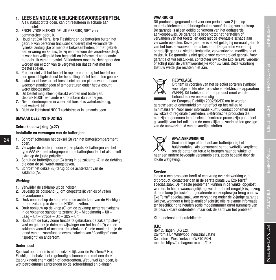 Lees en volg de veiligheidsvoorschriften | Exo Terra Herp Flashlight User Manual | Page 13 / 15