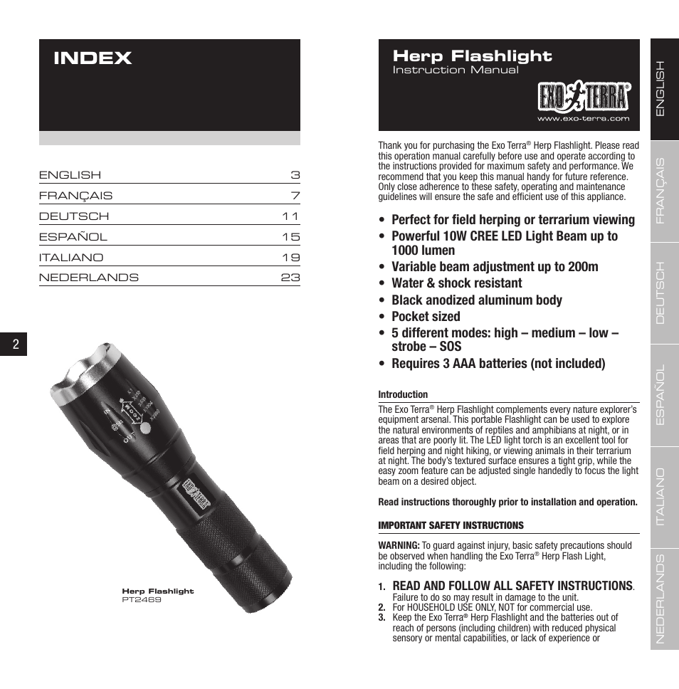 Index, Herp flashlight, Read and follow all safety instructions | Exo Terra Herp Flashlight User Manual | Page 2 / 15