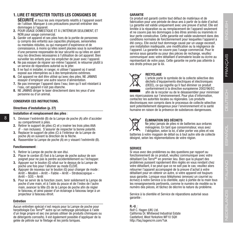 Lire et respecter toutes les consignes de sécurité | Exo Terra Herp Flashlight User Manual | Page 5 / 15