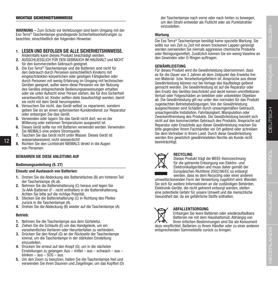 Lesen und befolgen sie alle sicherheitshinweise | Exo Terra Herp Flashlight User Manual | Page 7 / 15