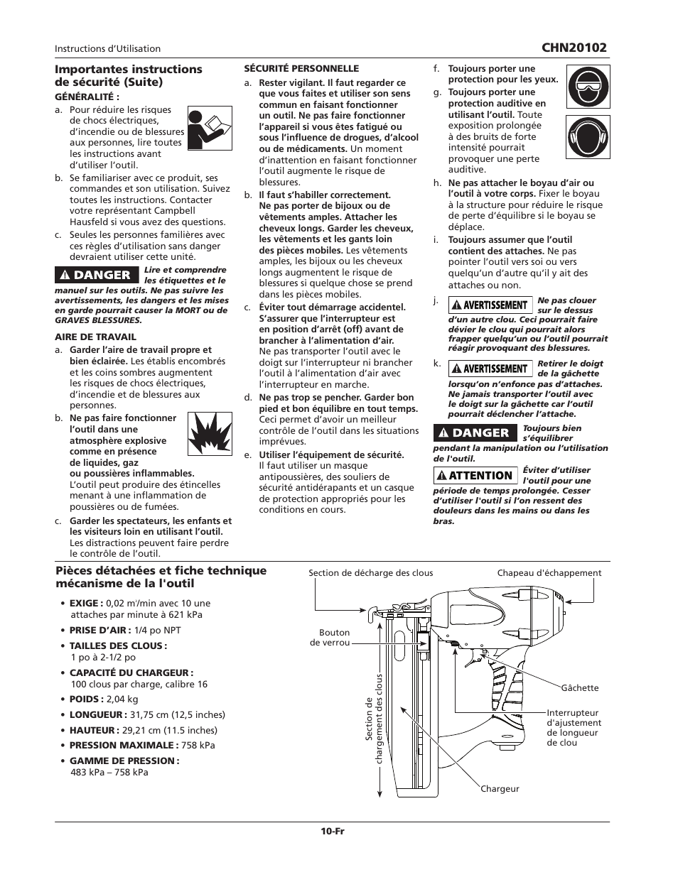 Importantes instructions de sécurité (suite) | Campbell Hausfeld CHN20102 User Manual | Page 10 / 24