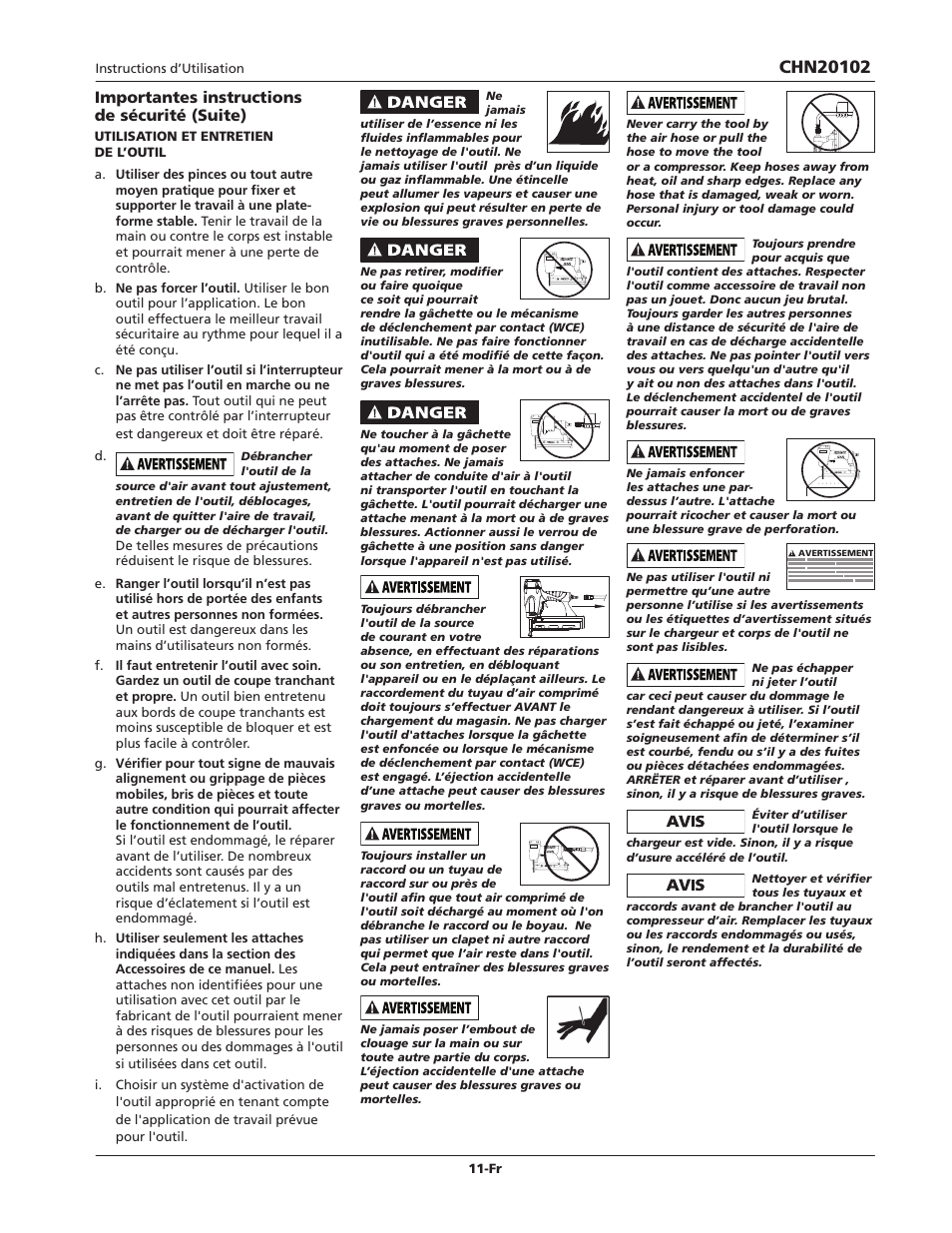 Importantes instructions de sécurité (suite) | Campbell Hausfeld CHN20102 User Manual | Page 11 / 24