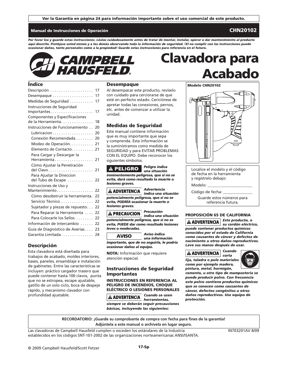 Clavadora para acabado | Campbell Hausfeld CHN20102 User Manual | Page 17 / 24