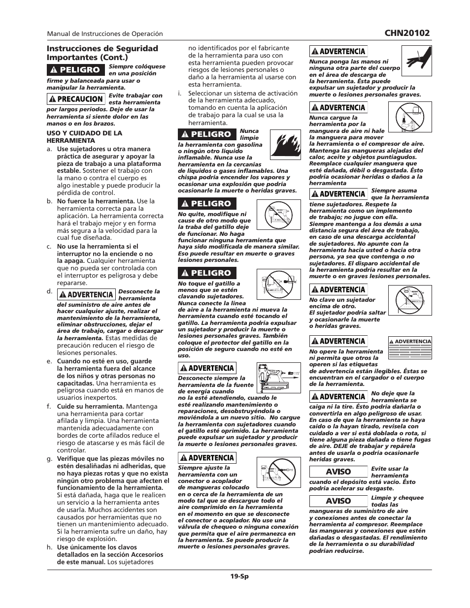 Instrucciones de seguridad importantes (cont.) | Campbell Hausfeld CHN20102 User Manual | Page 19 / 24