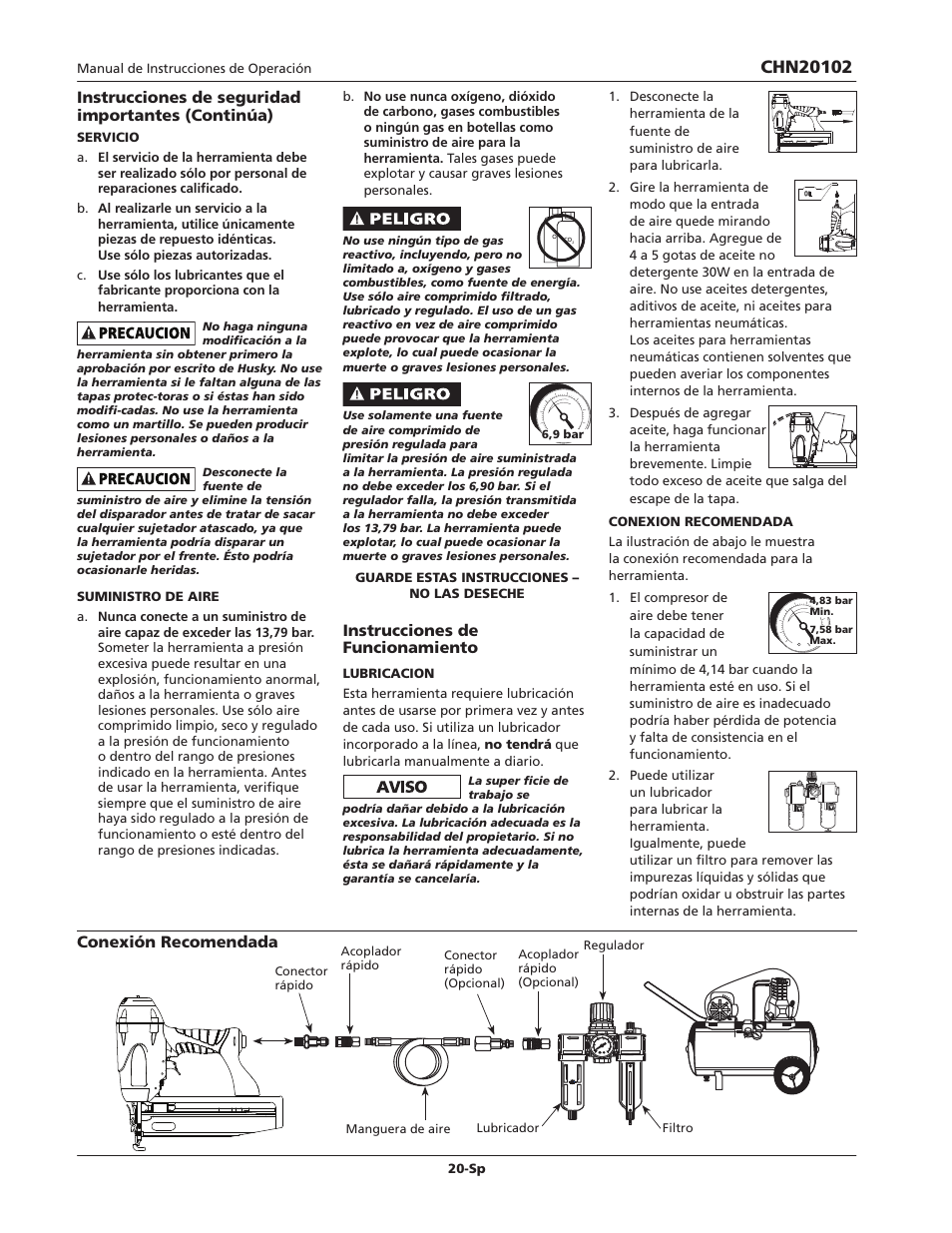 Instrucciones de funcionamiento, Instrucciones de seguridad importantes (continúa), Conexión recomendada | Campbell Hausfeld CHN20102 User Manual | Page 20 / 24