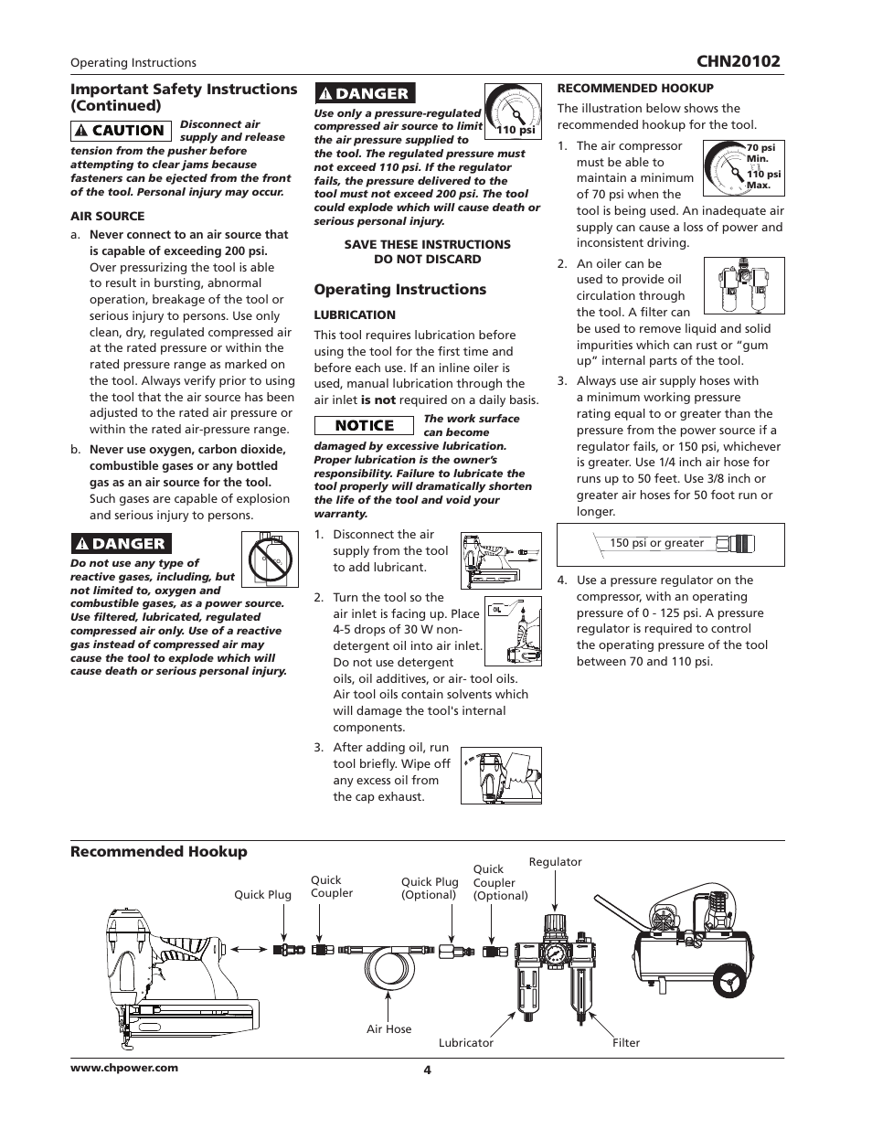 Important safety instructions (continued), Operating instructions, Recommended hookup | Campbell Hausfeld CHN20102 User Manual | Page 4 / 24