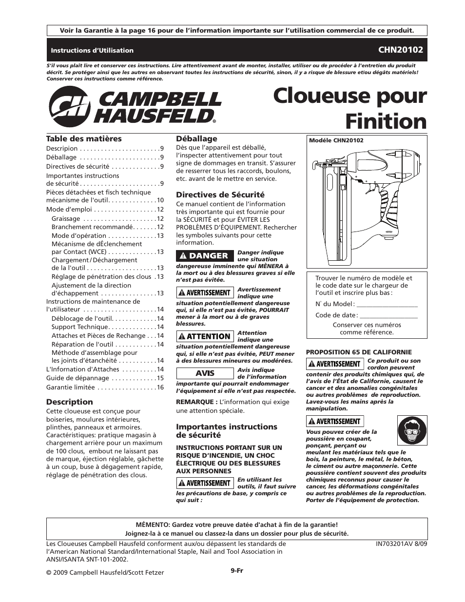 Cloueuse pour finition | Campbell Hausfeld CHN20102 User Manual | Page 9 / 24