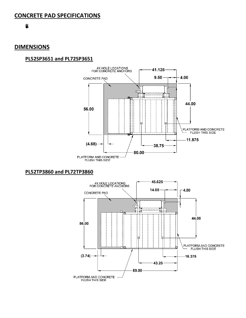 Fig. 1, Fig. 2, Concrete pad specifications | Dimensions | EZ-ACCESS PASSPORT User Manual | Page 2 / 2