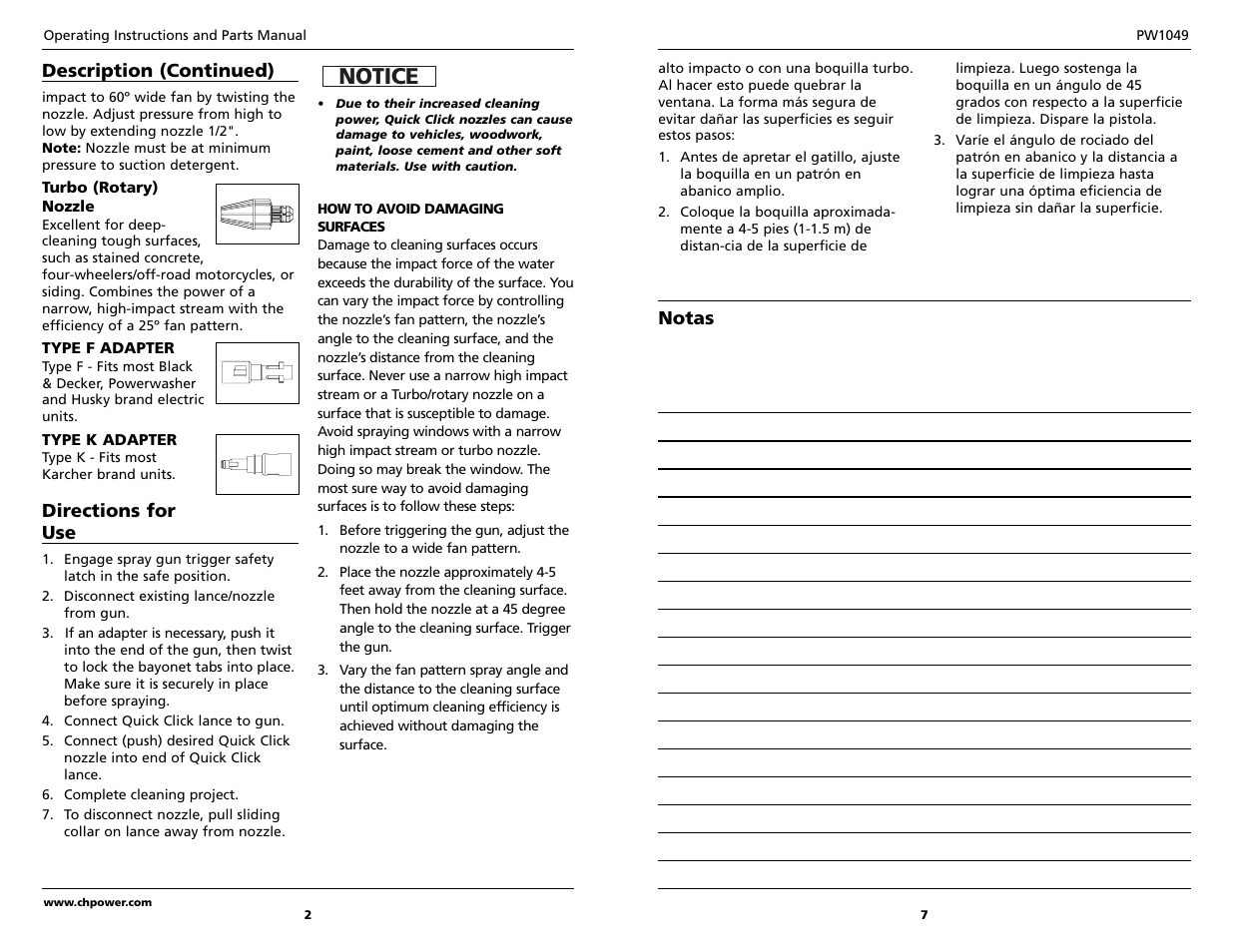 Notice, Description (continued), Directions for use | Notas | Campbell Hausfeld PW1049 User Manual | Page 2 / 4