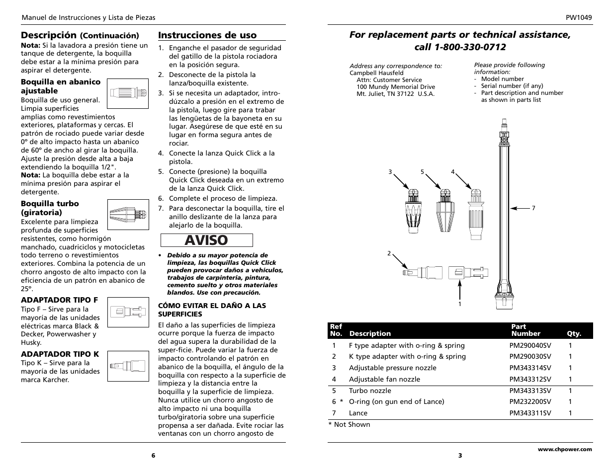 Aviso, Descripción, Instrucciones de uso | Campbell Hausfeld PW1049 User Manual | Page 3 / 4