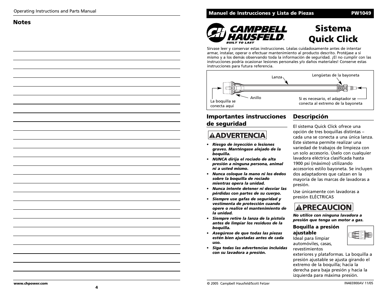 Sistema quick click, Precaucion, Advertencia | Campbell Hausfeld PW1049 User Manual | Page 4 / 4