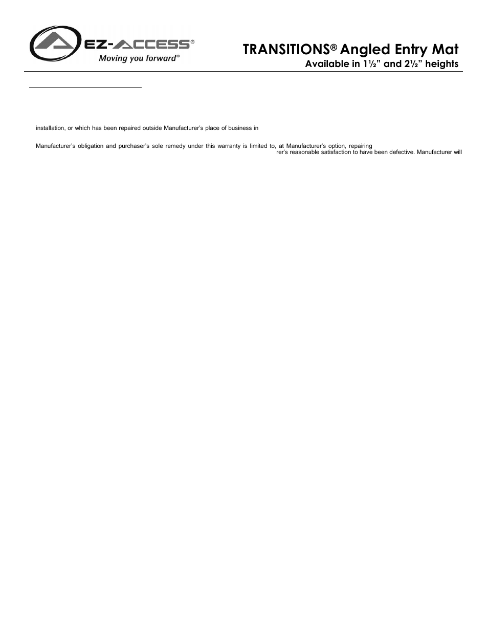 Instructions transitions, Angled entry mat, Available in 1½” and 2½” heights | EZ-ACCESS TRANSITION ANGLED ENTRY MAT User Manual | Page 2 / 2