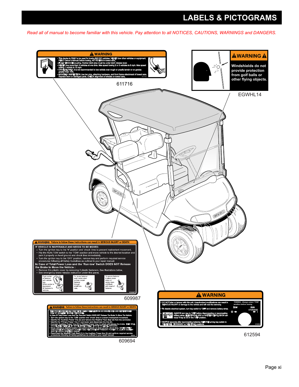 Labels & pictograms, Owner’s guide, Page xi | Warning | E-Z-GO FREEDOM RXV 2+2 User Manual | Page 13 / 60