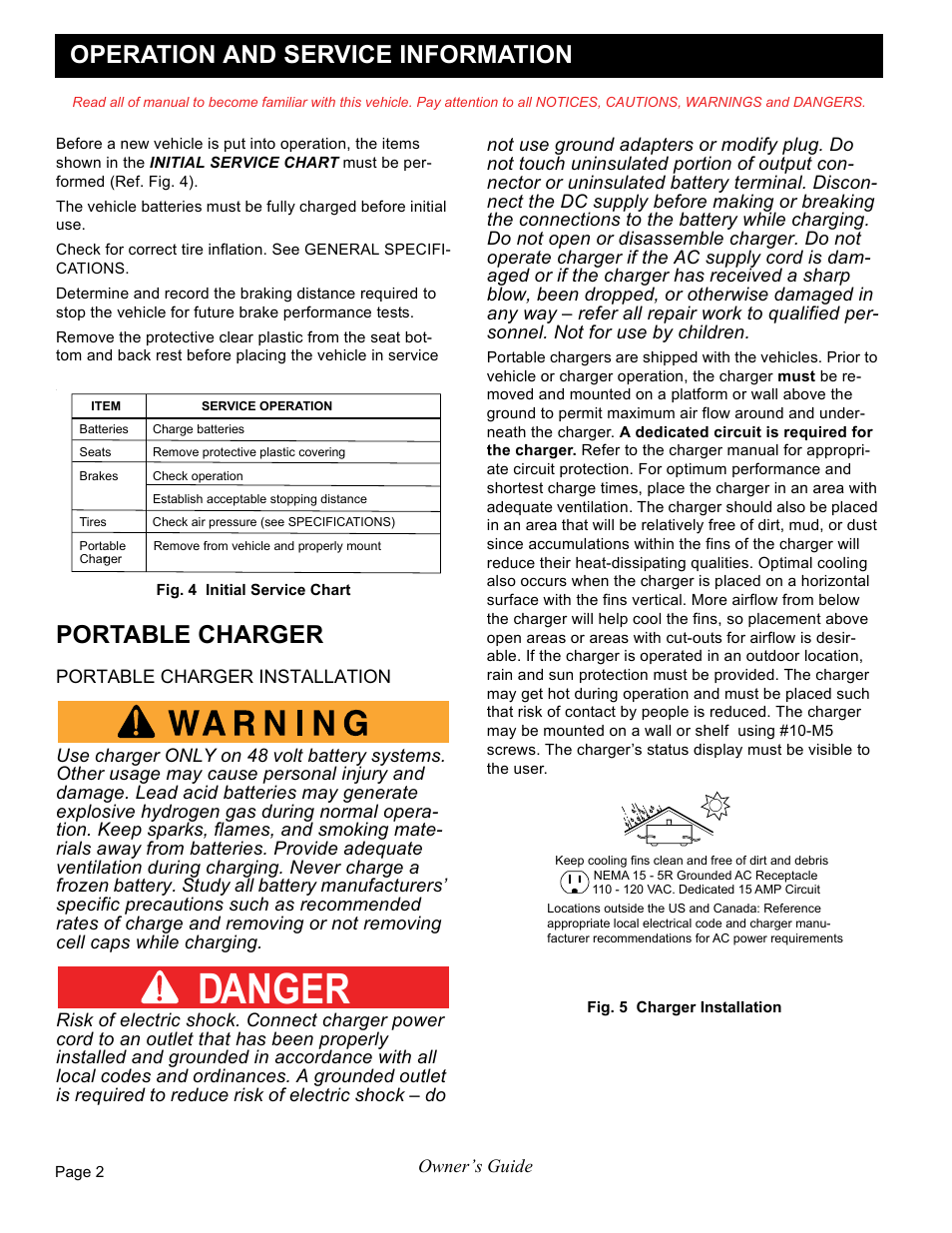 Danger, Operation and service information, Portable charger | E-Z-GO FREEDOM RXV 2+2 User Manual | Page 22 / 60