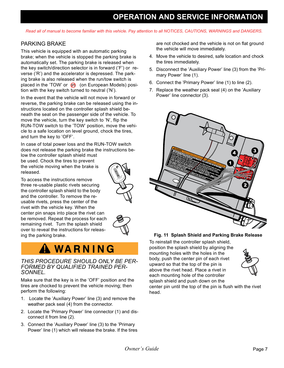 Operation and service information, Owner’s guide, Parking brake | Page 7 | E-Z-GO FREEDOM RXV 2+2 User Manual | Page 27 / 60
