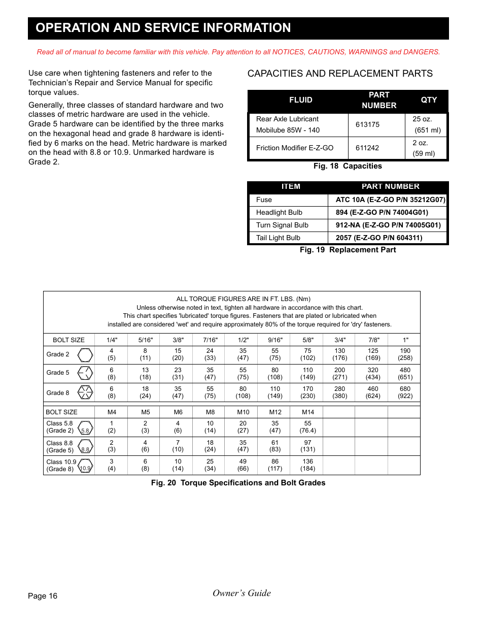 Operation and service information, Owner’s guide, Capacities and replacement parts | E-Z-GO FREEDOM RXV 2+2 User Manual | Page 36 / 60