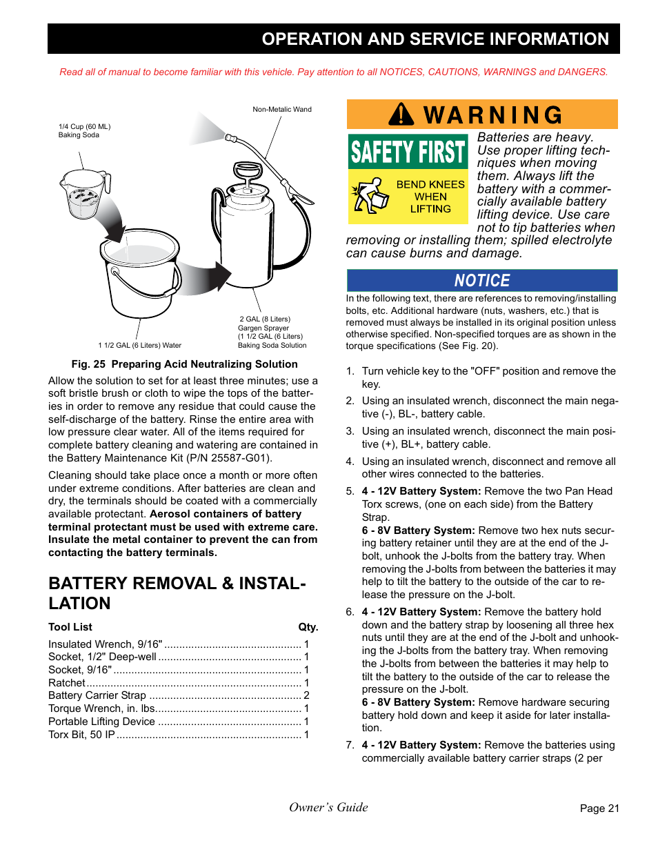 Operation and service information, Battery removal & instal- lation, Notice | E-Z-GO FREEDOM RXV 2+2 User Manual | Page 41 / 60