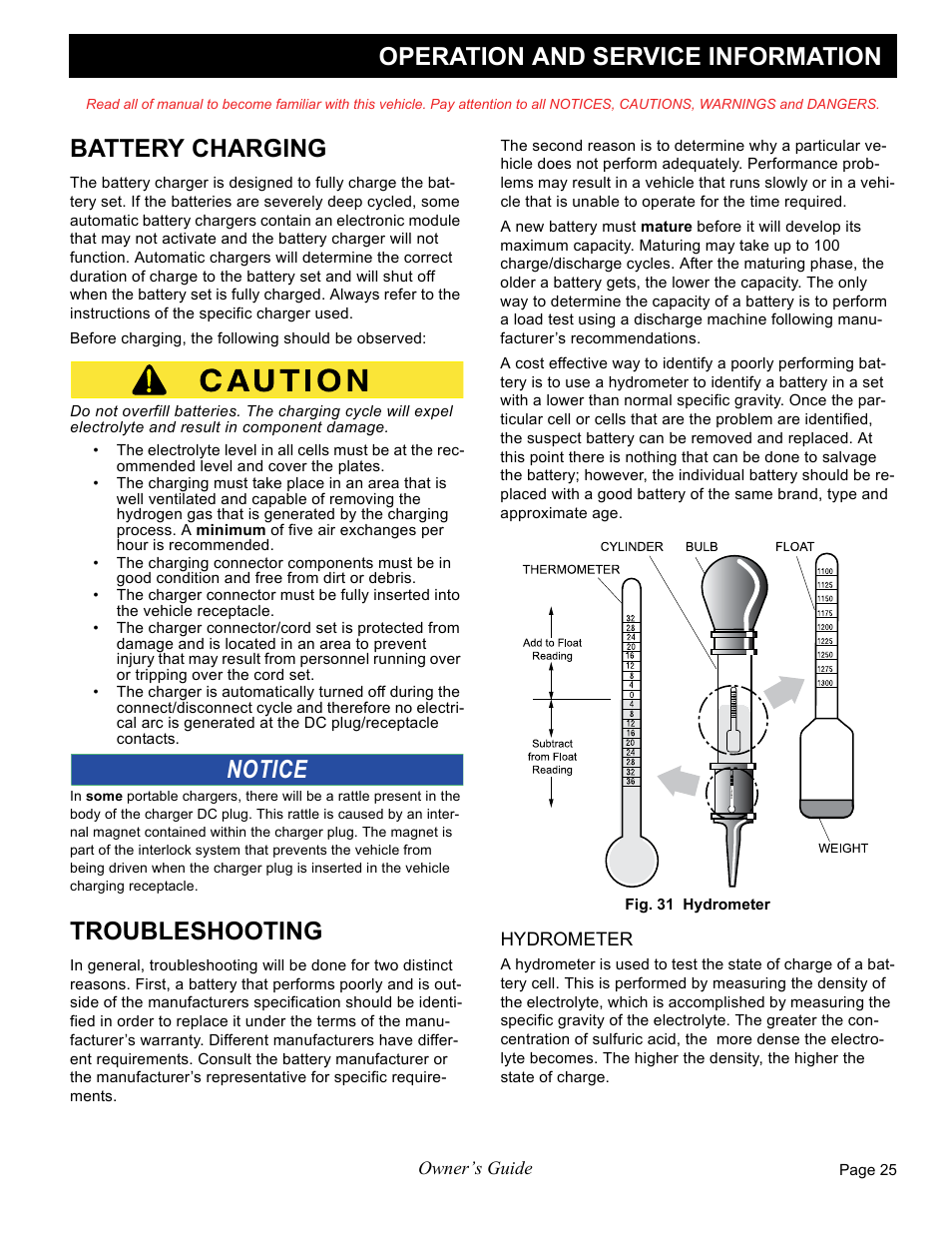 Operation and service information, Battery charging, Troubleshooting | Notice | E-Z-GO FREEDOM RXV 2+2 User Manual | Page 45 / 60