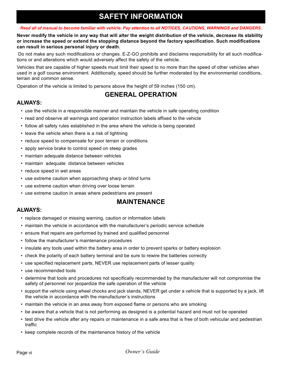 Safety information | E-Z-GO FREEDOM RXV 2+2 User Manual | Page 8 / 60