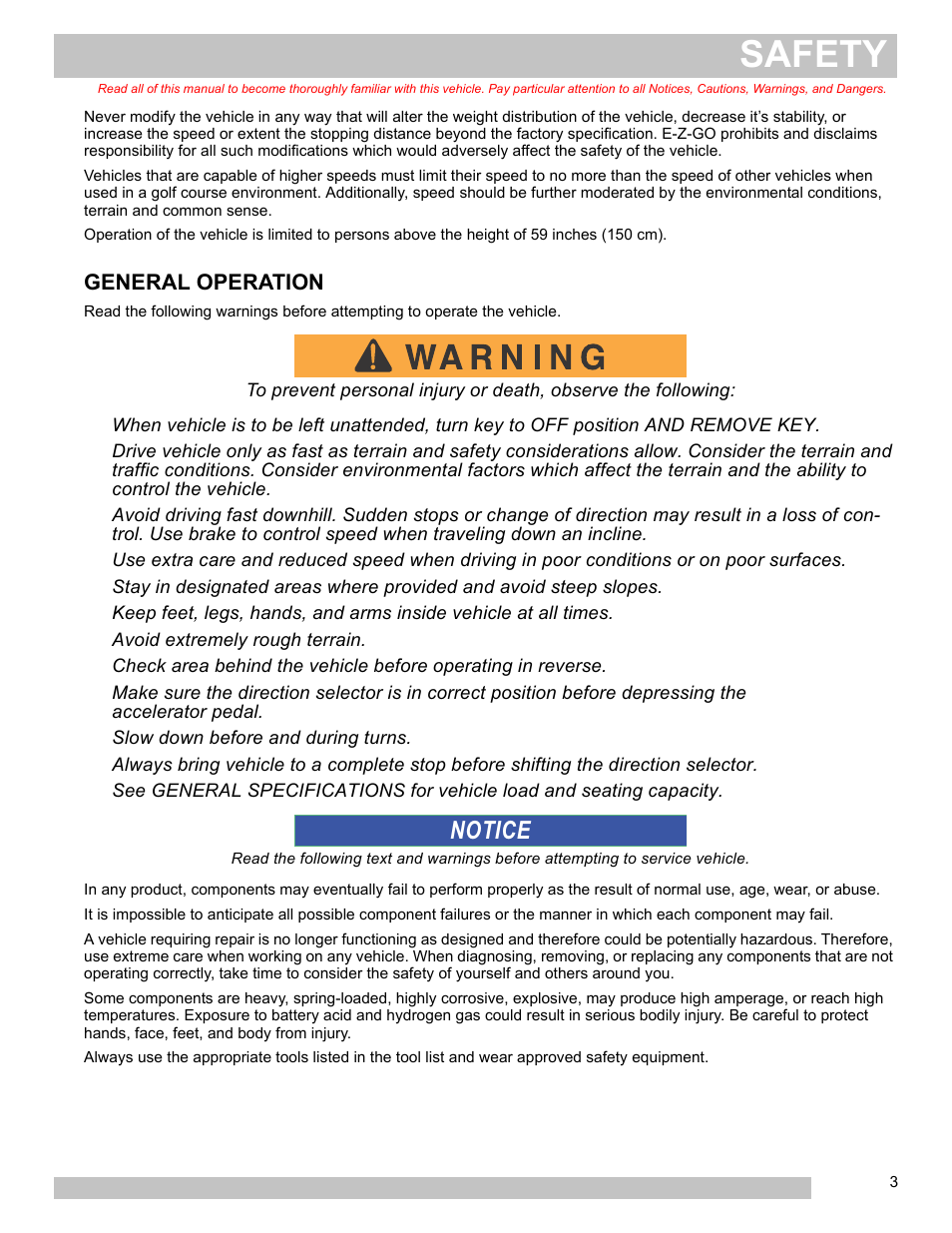 General operation, Safety, Notice | E-Z-GO FREEDOM TXT 2+2 User Manual | Page 11 / 62