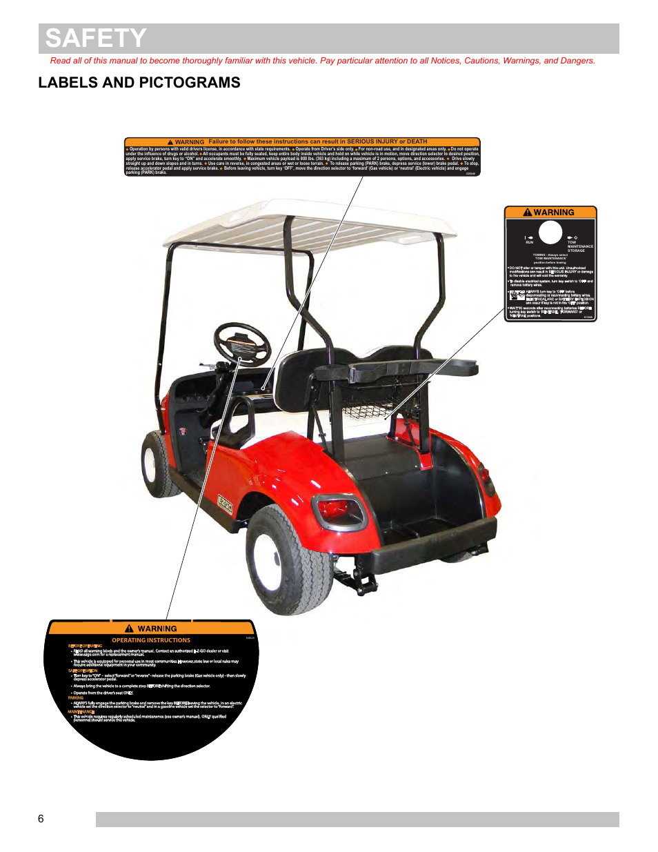 Labels and pictograms, Safety | E-Z-GO FREEDOM TXT 2+2 User Manual | Page 14 / 62