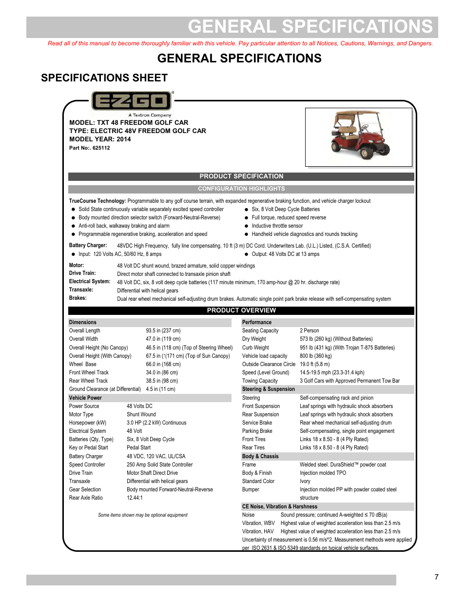 General specifications, Specifications sheet | E-Z-GO FREEDOM TXT 2+2 User Manual | Page 15 / 62