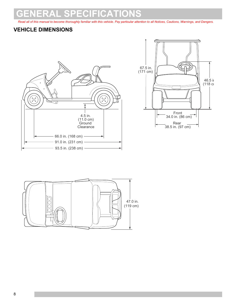 Vehicle dimensions, General specifications | E-Z-GO FREEDOM TXT 2+2 User Manual | Page 16 / 62
