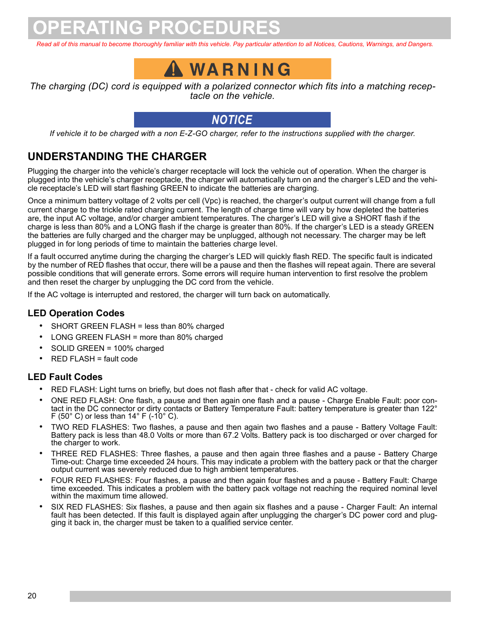 Understanding the charger, Led operation codes led fault codes, Operating procedures | Notice | E-Z-GO FREEDOM TXT 2+2 User Manual | Page 28 / 62